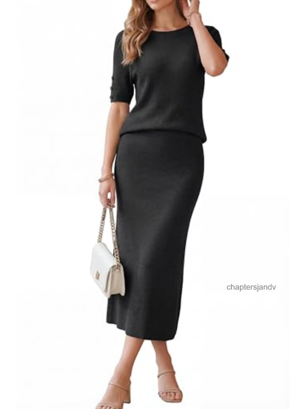 Wool Blend Knit Midi Skirt Set A-Line Pull On Business Casual